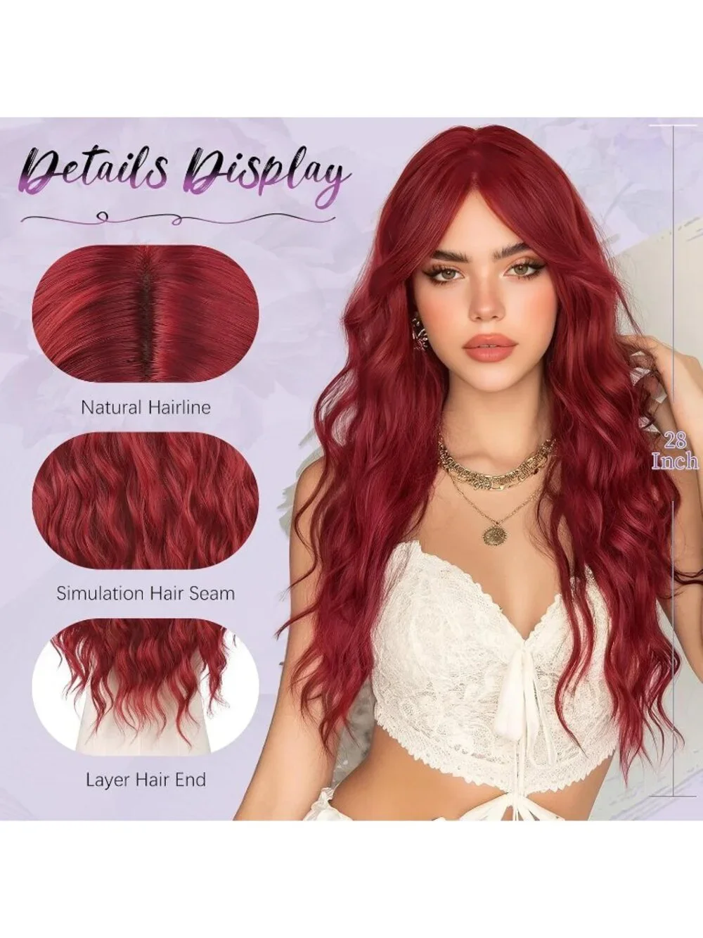 Women's Burgundy Red 28 Inch Lace Front Soft Synthetic Long Wavy Curly Wigs